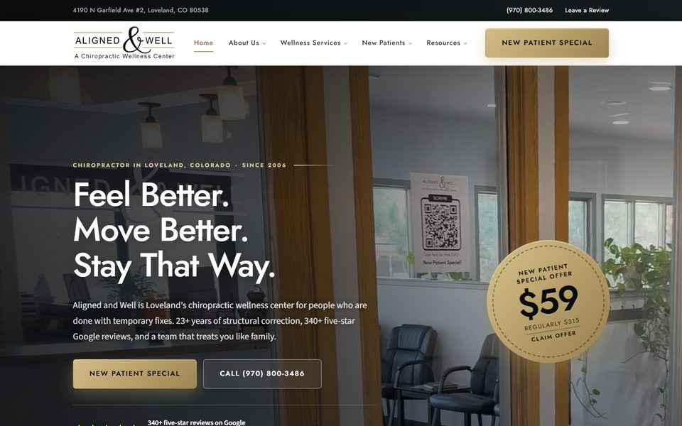 Home page of the Aligned and Well Chiropractic website in Loveland, Colorado