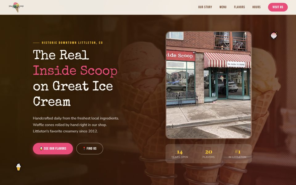 Home page of the Inside Scoop Creamery website in Littleton, Colorado