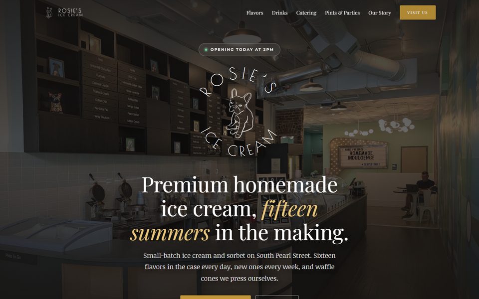 Home page of the Rosie's Ice Cream website on South Pearl Street in Denver
